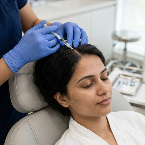 Indian woman undergoing PDRN hair treatment, clinician’s hands visible, hair clean and healthy.